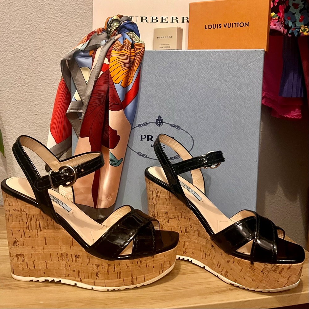 Prada Black wedges with original shoebox - patent leather cork heel - US size 8